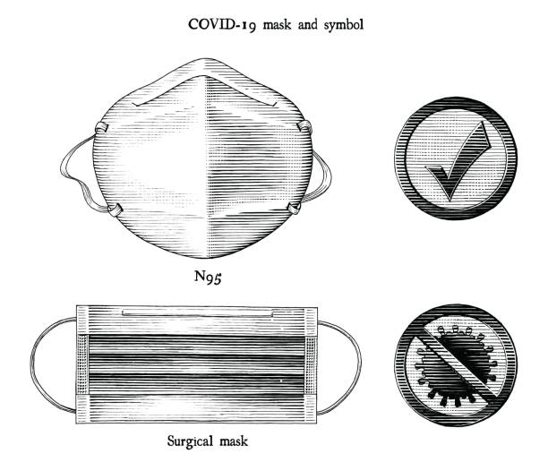 illustrazioni stock, clip art, cartoni animati e icone di tendenza di maschera per prevenire la malattia da coronavirus 2019 (covid-19) e mettere in relazione l'illustrazione dell'incisione dei simboli clipart in stile vintage in bianco e nero isolata su sfondo bianco - ink antique old fashioned clip art