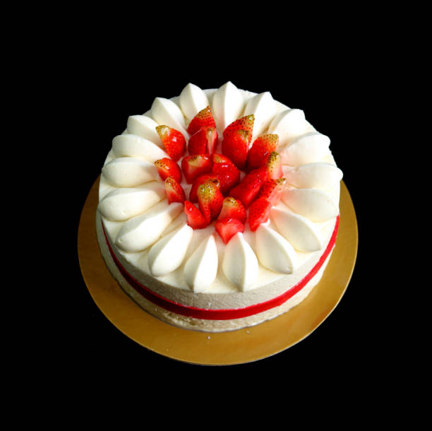 istock Flower Shaped Fresh Strawberry Vanilla Short Cake Isolated on Black Background 1213749493