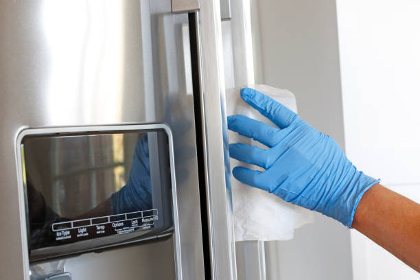 istock Man Cleaning Refrigerator With Disinfectant Wipe 1213749647