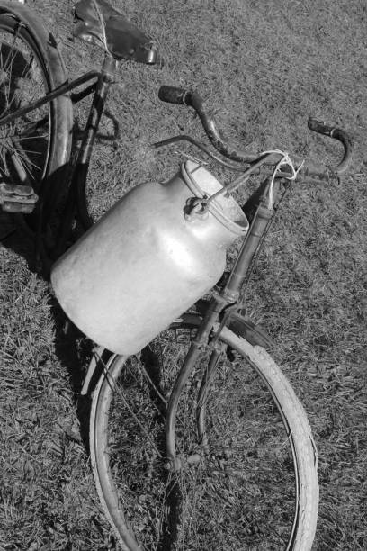 istock milk can used by the milkman with black and white effect< 1213753082