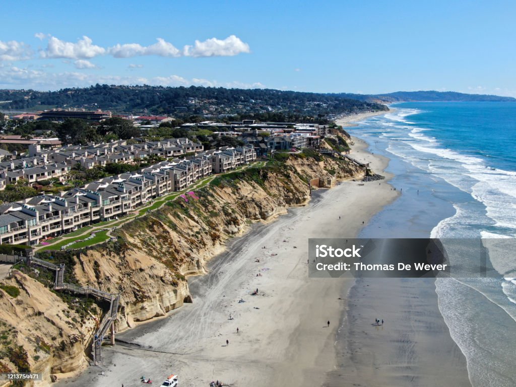 Aerial view of Solana Beach with pacific ocean, coastal city in San Diego County, California. USA Aerial view of Solana Beach with Pacific ocean during sunny day, coastal city in San Diego County, California. USA Solana Beach Stock Photo
