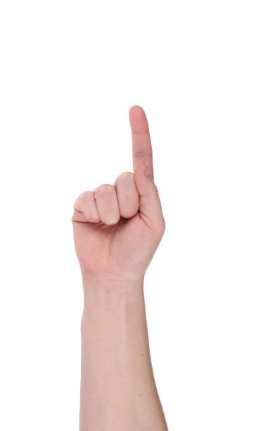 istock Male hand raised up with the index finger. 1213756583