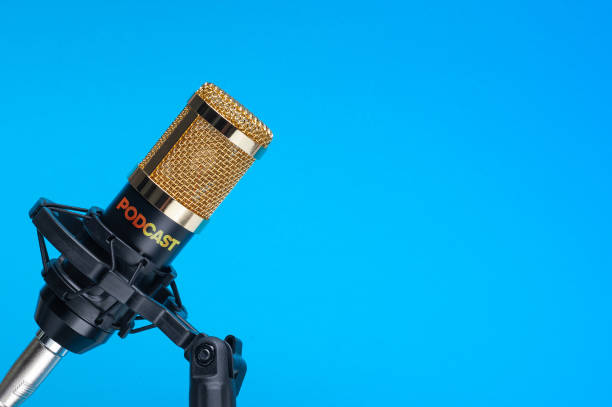 istock Studio microphone for recording podcasts, songs, and radio programs on a blue background with a place for inscription. copyspace 1213759125