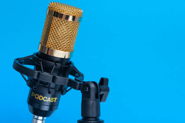 istock Studio microphone for recording podcasts, songs, and radio programs on a blue background with a place for inscription. copyspace 1213759402