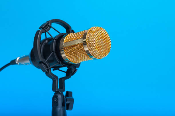 istock Studio microphone for recording podcasts, songs, and radio programs on a blue background with a place for inscription. copyspace 1213759531