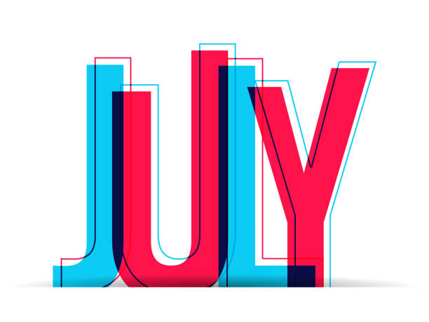 The Word July isolated on a white background Red-Blue letters with a red and blue stroke/outline and shadow at bottom. Season vector as a poster, postcard, greeting card, invitation template Vector illustration. buy single word stock illustrations