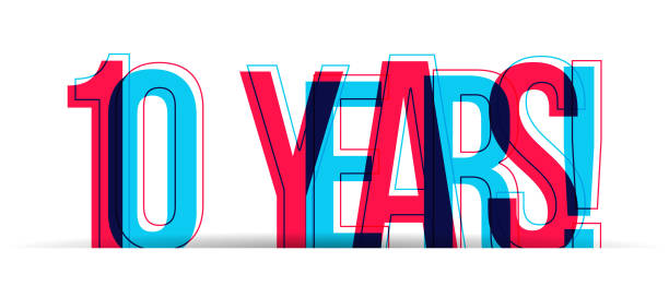 10 Years! Anniversary sign isolated on a white background Red-Blue letters with a red and blue stroke/outline and shadow at bottom. Overlapped letters isolated on a white background. Vector illustration. 10th anniversary stock illustrations