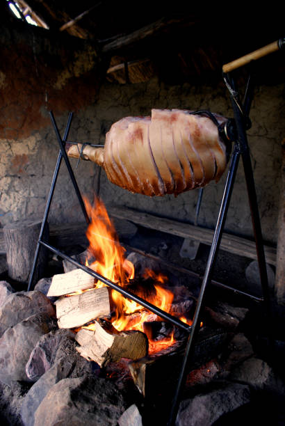 A complete ham of a full grown pig roasting on a pike above an open fire stock photo
