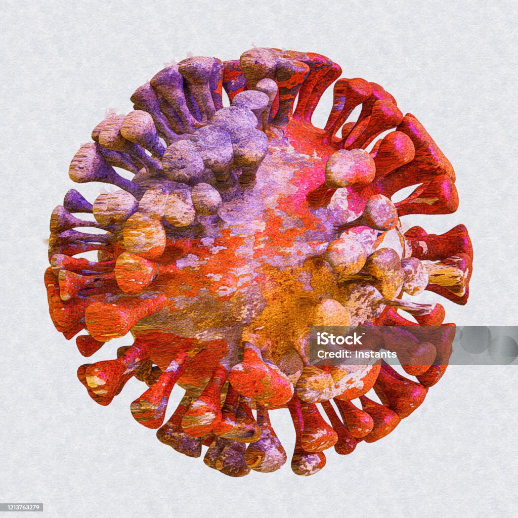 Illustration of a watercolor filtered 3D render depicting the virus Covid-19. Health issue representation. Coronavirus stock illustration