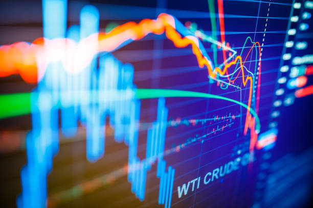istock Data analyzing in commodities energy market: the charts and quotes on display. US WTI crude oil price analysis. Stunning price drop for the last 20 years. 1213764540