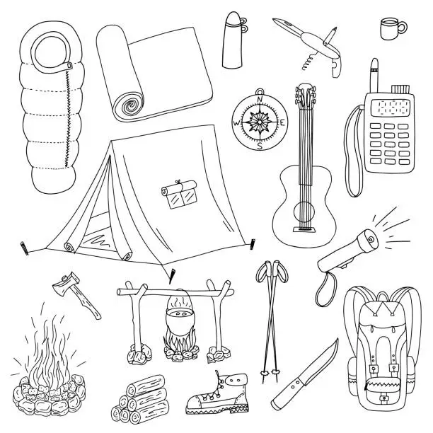 Vector illustration of Set of elements on the theme of camping and tourism. Doodle style. Black and white vector illustration. Drawn by hand, isolated on a white background. Camping equipment, guitar, bonfire, walkie-talkie