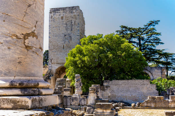 Remains of the Roman Theater of Arles (Provence-Alps-French Riviera, France). Arles, Provence-Alps-Riviera, France - June 2, 2019: View of the Roman Theater dating back to the Reign of Augustus, listed in the World Heritage Site, of the city. vincent van gogh painter photos stock pictures, royalty-free photos & images