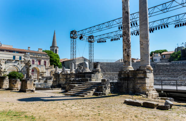 Vestiges of the Roman Theater of Arles (Provence-Alps-French Riviera, France). Arles, Provence-Alps-Riviera, France - June 2, 2019: View from the Roman Theater dating back to the Reign of Augustus, counted in the World Heritage Site, of the city. vincent van gogh painter photos stock pictures, royalty-free photos & images