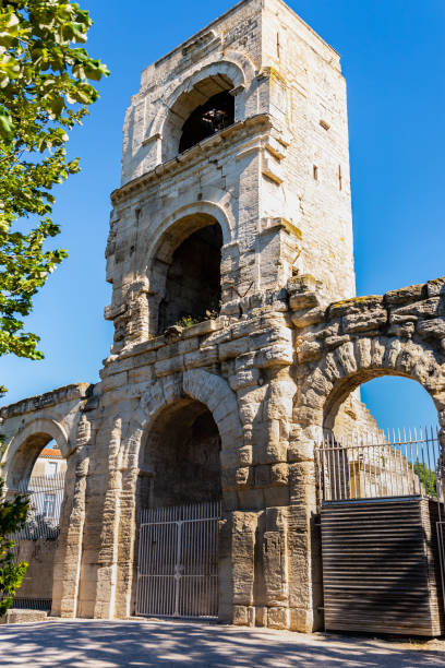 Facade of the Roman Theater in Arles (Provence-Alps-French Riviera, France). Arles, Provence-Alps-Riviera, France  - June 2, 2019: View of the Roman Theater dating back to the Reign of Augustus, counted in the World Heritage Site. vincent van gogh painter photos stock pictures, royalty-free photos & images