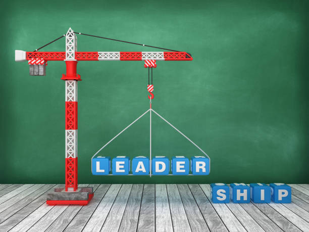 istock Tower Crane with LEADERSHIP Word on Chalkboard Background - 3D Rendering 1213767696