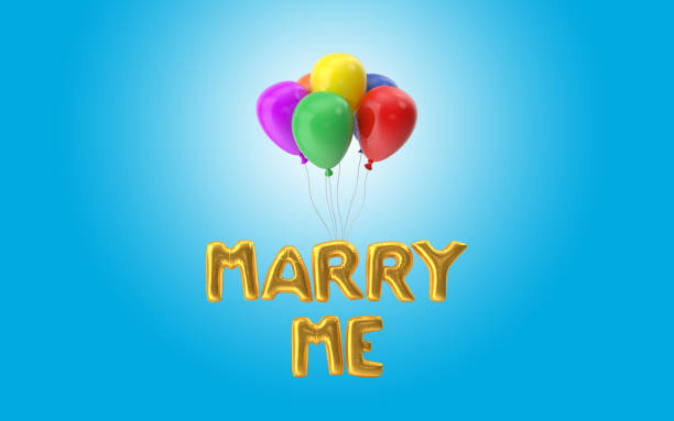istock Marry Me Text Made From Yellow Ballons are Flying Against Blue Background 1213769372