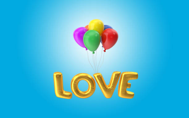 istock Love Text Made From Yellow Ballons are Flying Against Blue Background 1213769433
