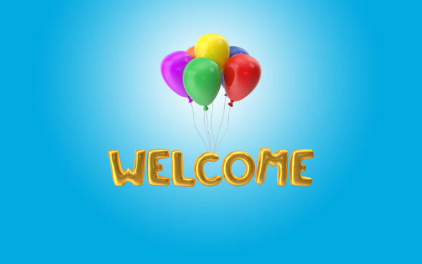 istock Welcome Text Made From Yellow Ballons are Flying Against Blue Background 1213769442