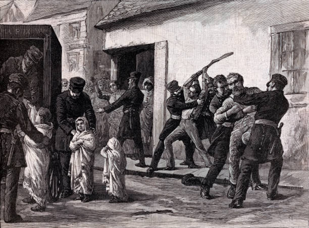 Montreal Smallpox Epidemic of 1885 Vintage engraving features an incident during the 1885 Smallpox Epidemic in Montreal where the sanitary police removed smallpox patients from the public. edgar allan poe stock illustrations