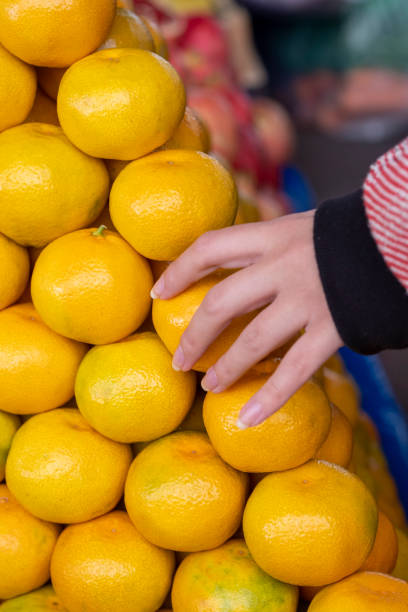istock market, tangerines and hand. 1213772346