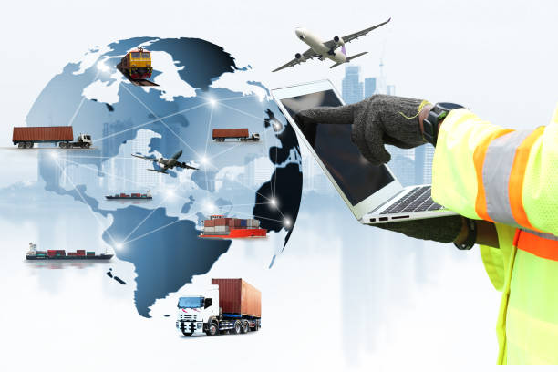 istock Double exposure of man with  logistic network distribution on background and Logistics Industrial Container Cargo freight ship for shipping and Transportation, import-export 1213773151