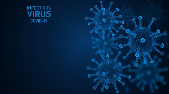 Microbiological particles of the Covid-19 Coronavirus. Infectious bacteria. Medical concept of the disease. A futuristic low-poly 3d illustration.