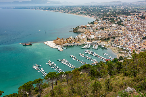 View from the top of the hill of the sicilian fishing village of Castellammare del Golfo