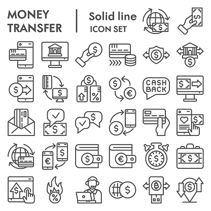Money transfer line icon set. Finance and business signs collection, sketches, logo illustrations, web symbols, outline style pictograms package isolated on white background. Vector graphics