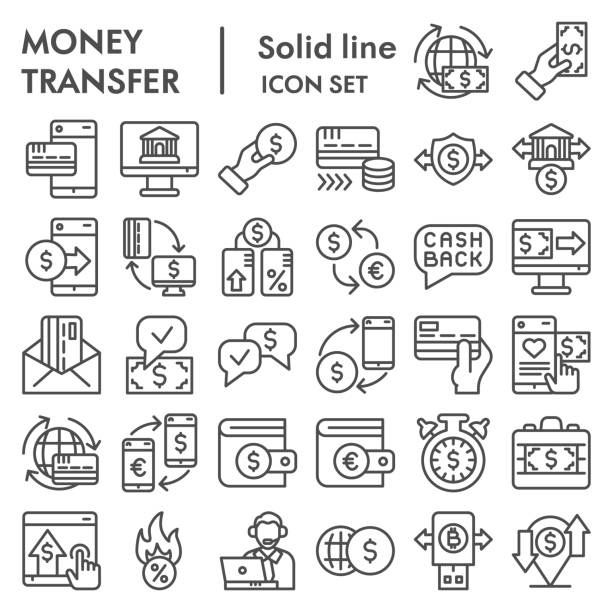 Money transfer line icon set. Finance and business signs collection, sketches, logo illustrations, web symbols, outline style pictograms package isolated on white background. Vector graphics. Money transfer line icon set. Finance and business signs collection, sketches, logo illustrations, web symbols, outline style pictograms package isolated on white background. Vector graphics paying stock illustrations