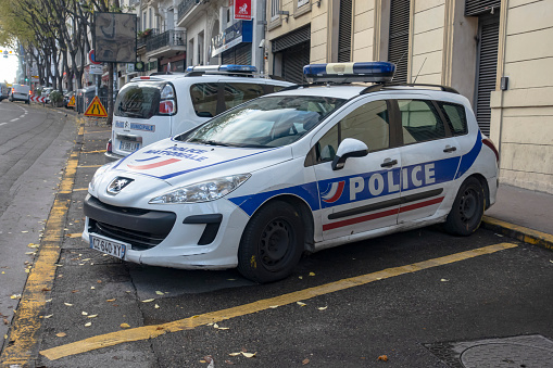 Marseille, France - 2nd December, 2019: Police car Peugeot 307 SW on a street. This model was a popular vehicle on the European market.