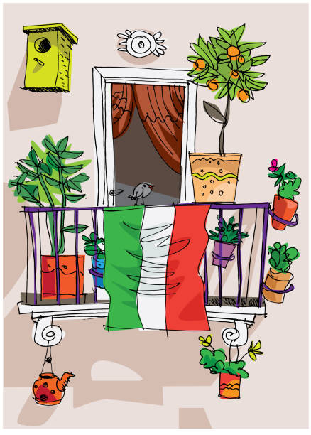 Italian flag on traditional mediterranean balcony Italian flag on traditional mediterranean balcony as symbol of struggling with coronavirus pandemic. Cartoon. Sketch. italy flag drawing stock illustrations