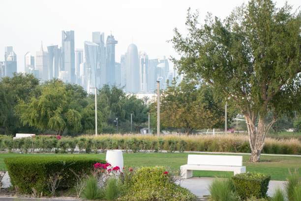 istock Expansive City Park and Doha Skyline in the Evening 1213776599