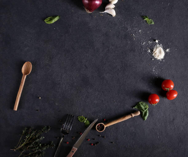 istock Ingredients on the black chalkboard. Top view 1213777241