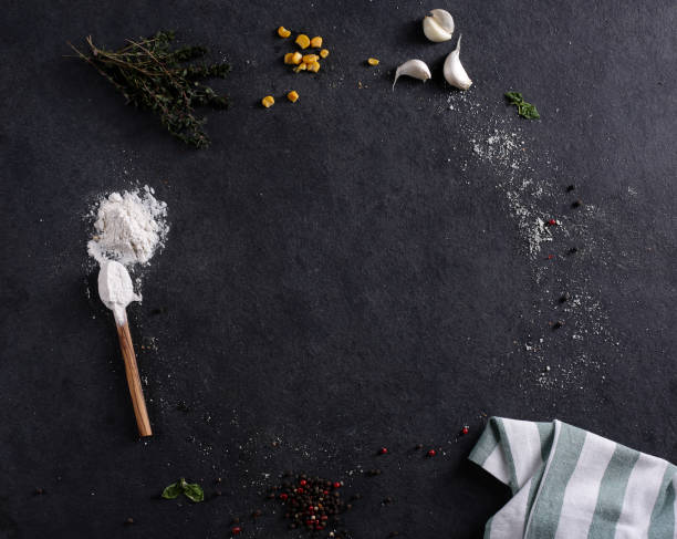 Ingredients on the black chalkboard. Top view