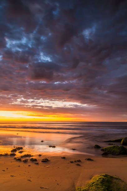 istock Clouds and Green Mossy Rocks Sunrise Seascape 1213777864