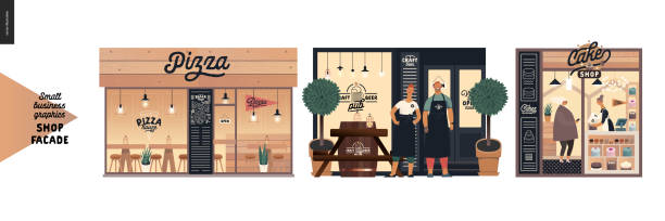Facades - small business graphics Facades -small business graphics. Modern flat vector concept illustrations -pizza house front, craft beer pub, cake shop. Owners wearing aprons in front of the entrance, interior seen from the outside small business owner stock illustrations