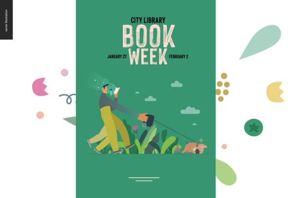 World Book Day, grass World Book Day graphics, dog walk poster template, book week events. Modern flat vector concept illustrations of reading people -a man reading a book with enthusiasm, walking a bulldog pulling a leash bulldog reading stock illustrations