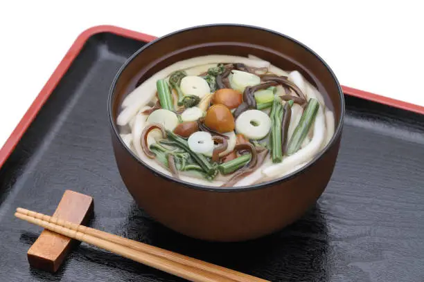 Japanese Sansai udon noodles in a bowl with chopsticks on tray
