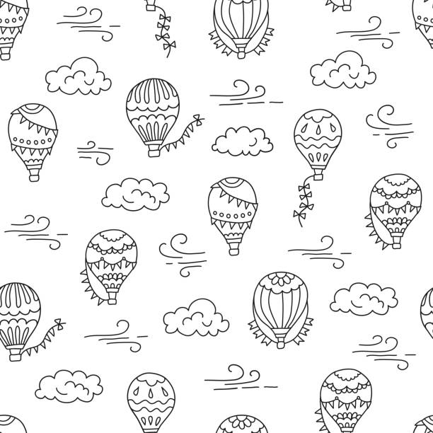 ilustrações de stock, clip art, desenhos animados e ícones de hot air balloons and clouds. hand drawn seamless pattern. vector illustration in doodle style - cappadocia hot air balloon turkey basket