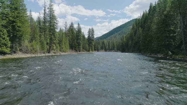 Lochsa River in mountains in of Nez Perce - Clearwater National Forests, Idaho. Aerial drone video with the forward and ascending camera motion.