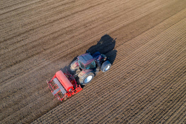 istock Farm tractor with seed drill sowing field, aerial view 1213787137
