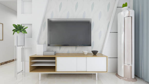 istock 3D rendering, modern living room design with sofa, TV, etc. 1213793512
