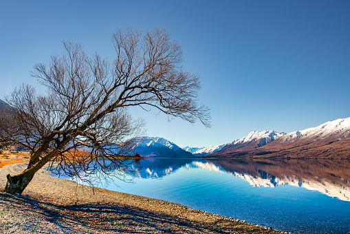 Snow capped southern alps of New Zealand reflected in the still calm surface of the glacial lake