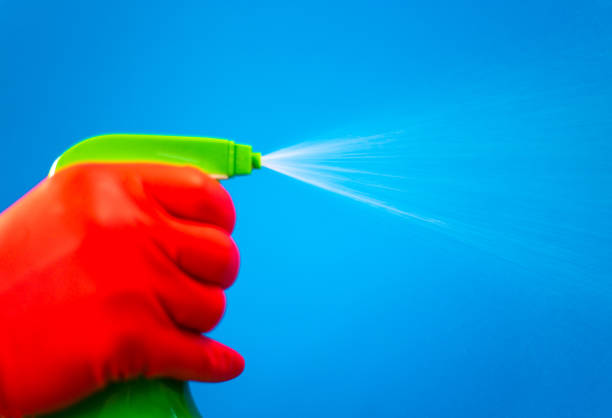 Hand in Red Plastic Gloves Spraying Disinfectant