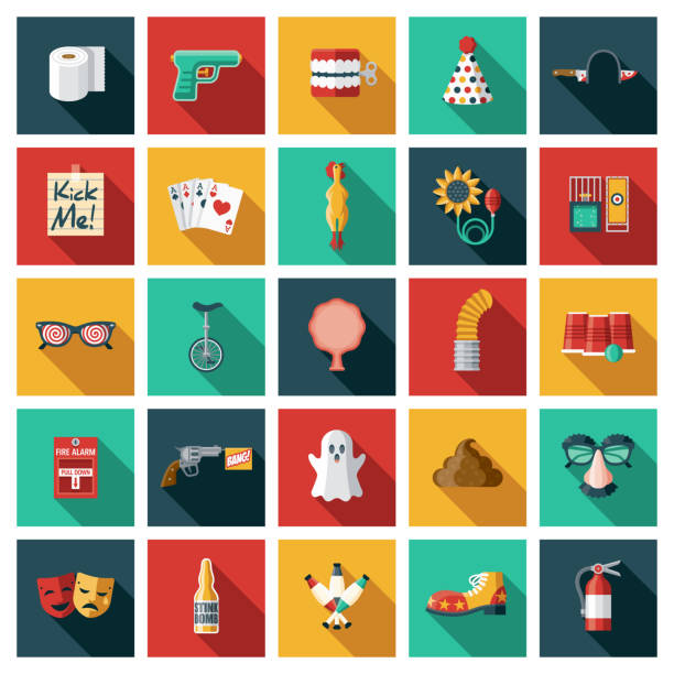 April Fools Day Icon Set A set of twenty-five square flat design icons with long side shadows. File is built in the CMYK color space for optimal printing. Color swatches are global so it’s easy to edit and change the colors. fool stock illustrations