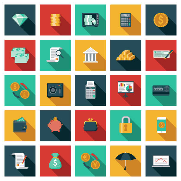 Banking and Finance Icon Set A set of twenty-five square flat design icons with long side shadows. File is built in the CMYK color space for optimal printing. Color swatches are global so it’s easy to edit and change the colors. wallet illustrations stock illustrations