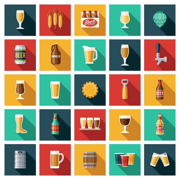 Beer and Brewing Icon Set A set of twenty-five square flat design icons with long side shadows. File is built in the CMYK color space for optimal printing. Color swatches are global so it’s easy to edit and change the colors. beer alcohol stock illustrations