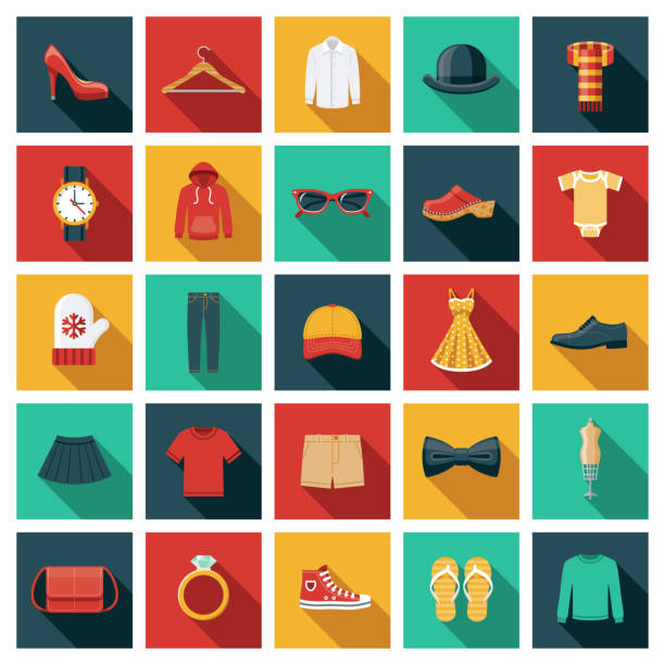 Clothing and Accessories Icon Set A set of twenty-five square flat design icons with long side shadows. File is built in the CMYK color space for optimal printing. Color swatches are global so it’s easy to edit and change the colors. dress illustrations stock illustrations