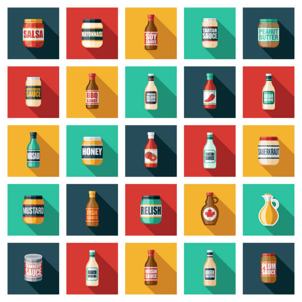 Condiments and Sauces Icon Set A set of twenty-five square flat design icons with long side shadows. File is built in the CMYK color space for optimal printing. Color swatches are global so it’s easy to edit and change the colors. condiment stock illustrations