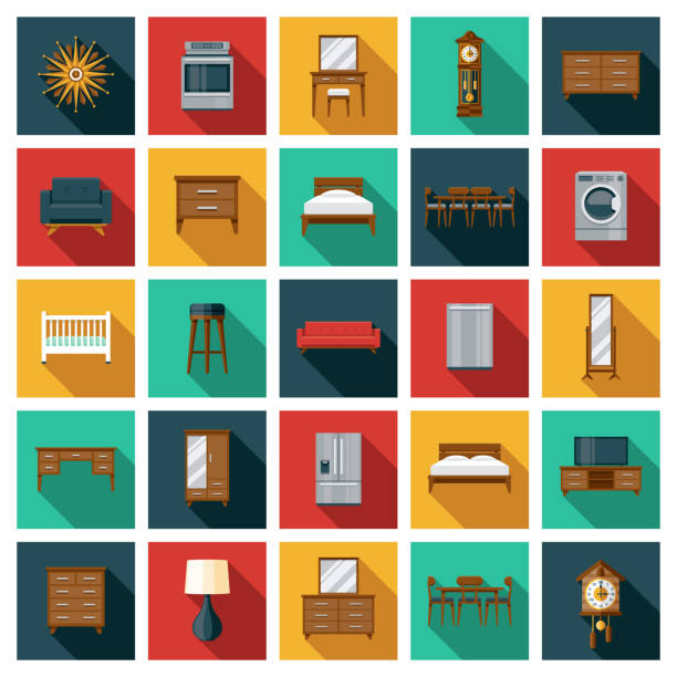 Furniture Icon Set A set of twenty-five square flat design icons with long side shadows. File is built in the CMYK color space for optimal printing. Color swatches are global so it’s easy to edit and change the colors. bed furniture stock illustrations